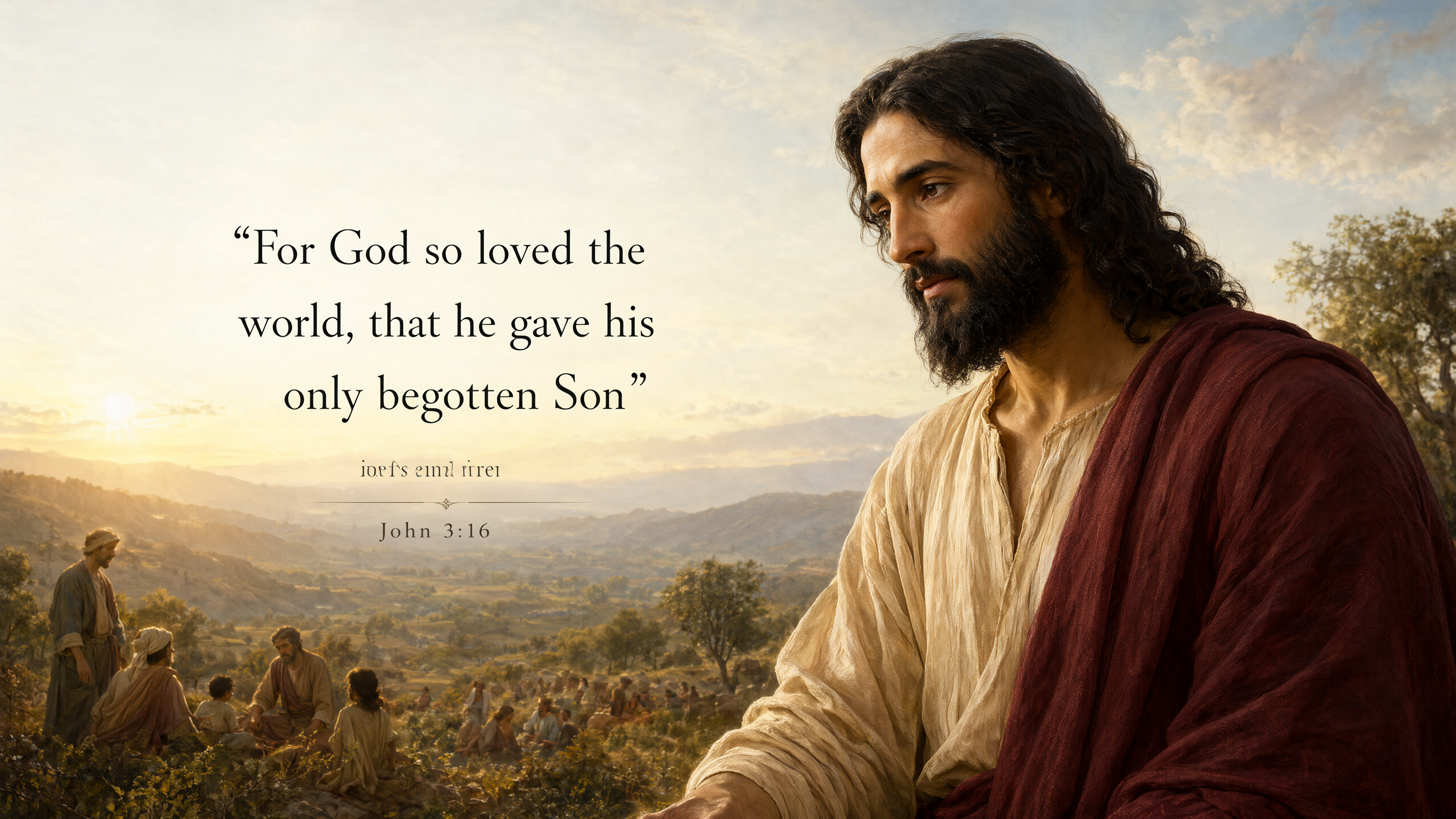 Jesus looks over a sunlit valley where distant families gather, compassion expressed through quiet posture; golden landscape and burgundy mantle, elegant classical painting.
