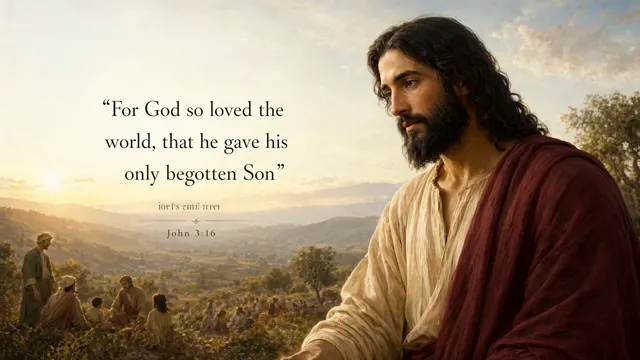Jesus looks over a sunlit valley where distant families gather, compassion expressed through quiet posture; golden landscape and burgundy mantle, elegant classical painting. — John 3:16