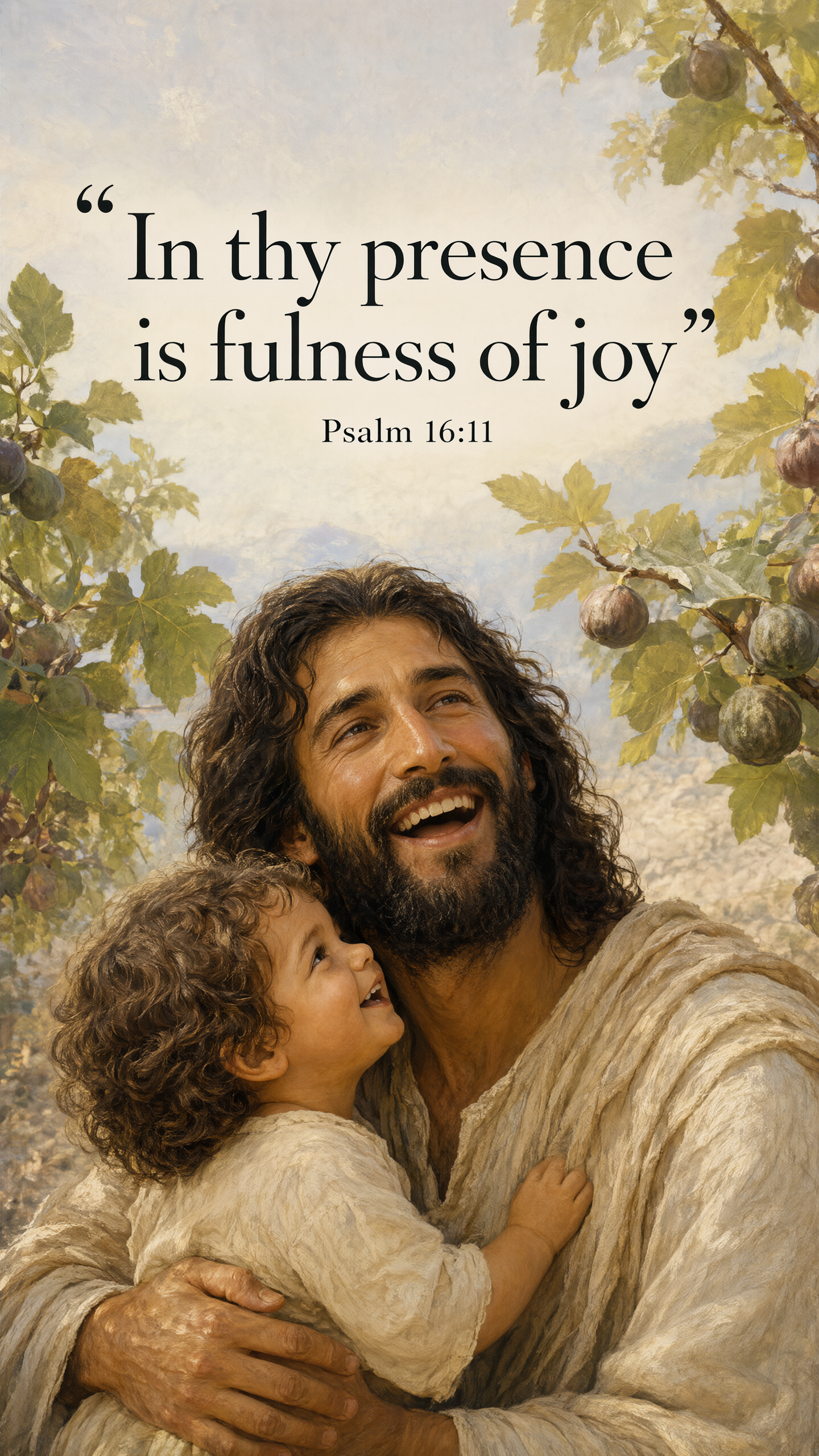 Jesus laughing softly with a child beneath a fig tree, warm believable expressions; dappled sunshine, pastel rose and sage, candid painterly realism.