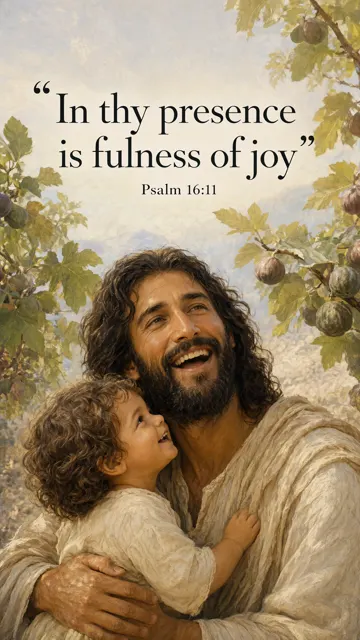Jesus laughing softly with a child beneath a fig tree, warm believable expressions; dappled sunshine, pastel rose and sage, candid painterly realism. — Psalm 16:11
