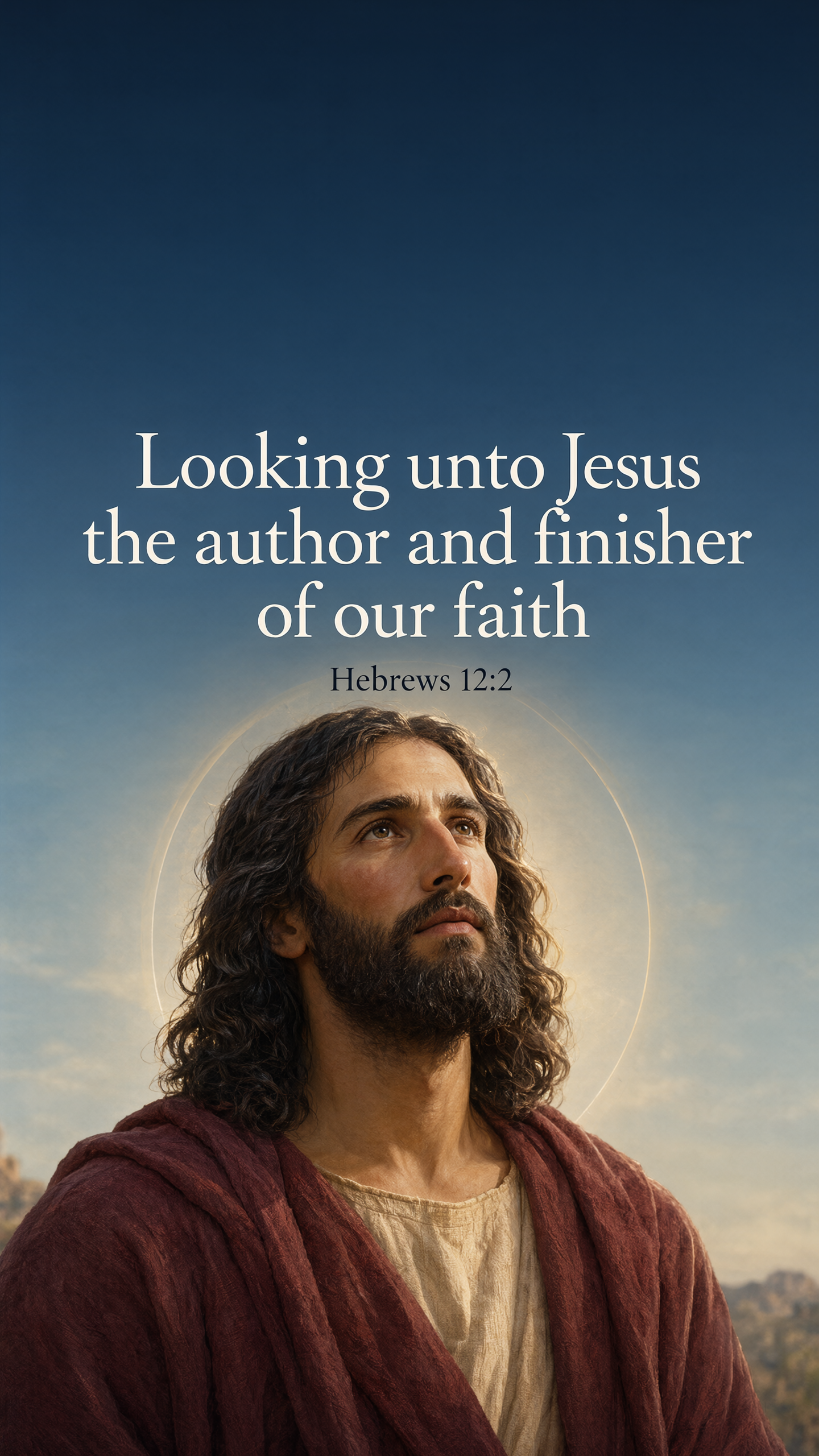 A dignified three-quarter portrait of Jesus looking gently upward, burgundy mantle and warm ivory robe; soft gold rim light against a clean deep-blue atmosphere.