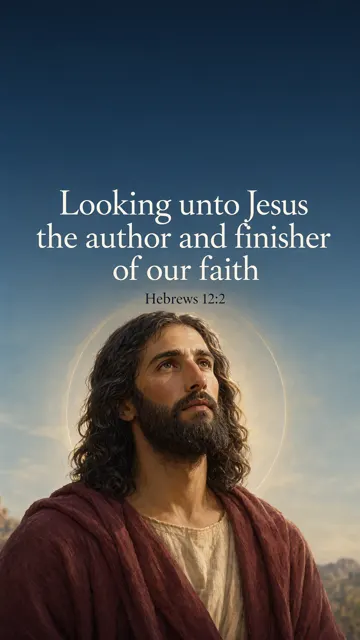 A dignified three-quarter portrait of Jesus looking gently upward, burgundy mantle and warm ivory robe; soft gold rim light against a clean deep-blue atmosphere. — Hebrews 12:2