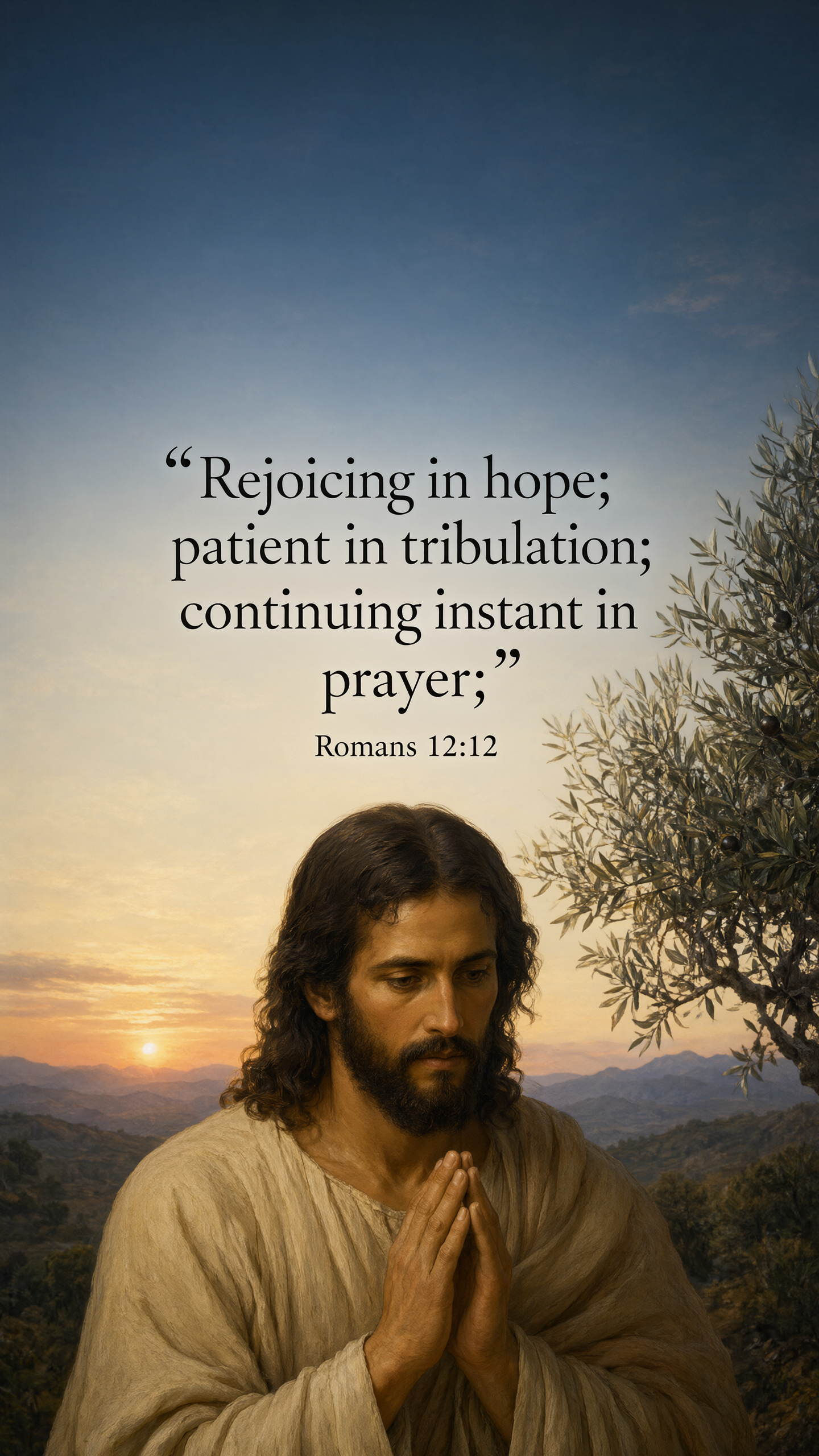 Jesus in quiet prayer beneath an olive tree, dawn beginning beyond night-blue hills; clasped hands resting naturally, warm cream robe, classical oil portrait.