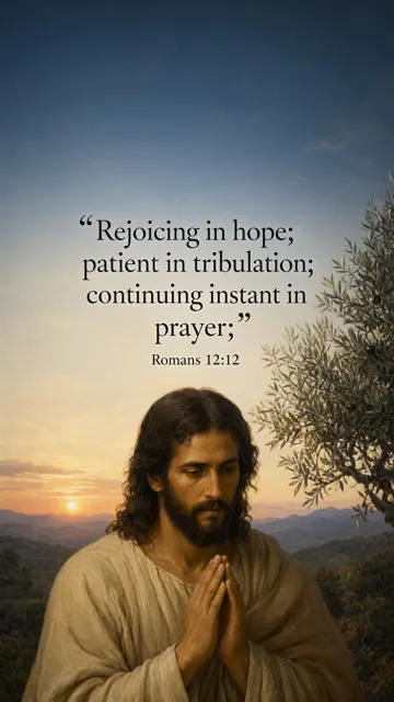 Jesus in quiet prayer beneath an olive tree, dawn beginning beyond night-blue hills; clasped hands resting naturally, warm cream robe, classical oil portrait. — Romans 12:12