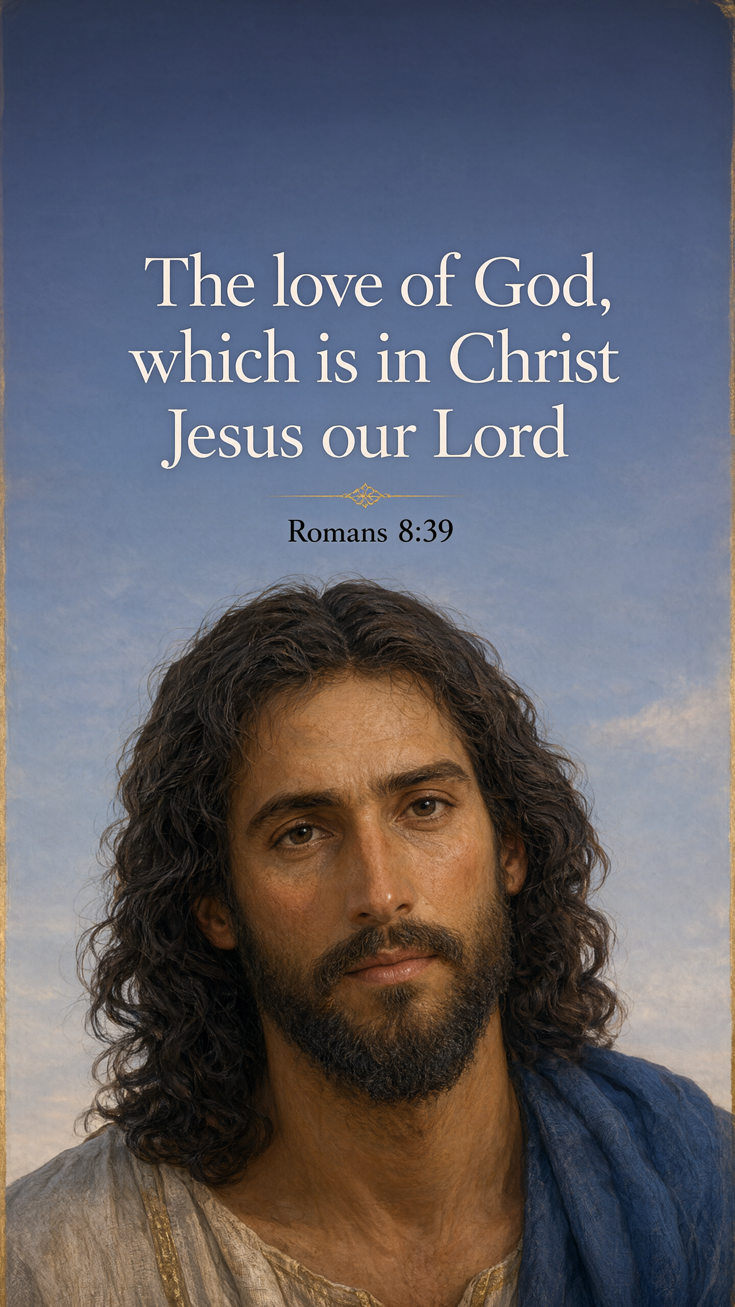 Gentle close portrait of Jesus with compassionate dark eyes, warm natural skin and a blue mantle; soft indigo background with subtle gold edge light.