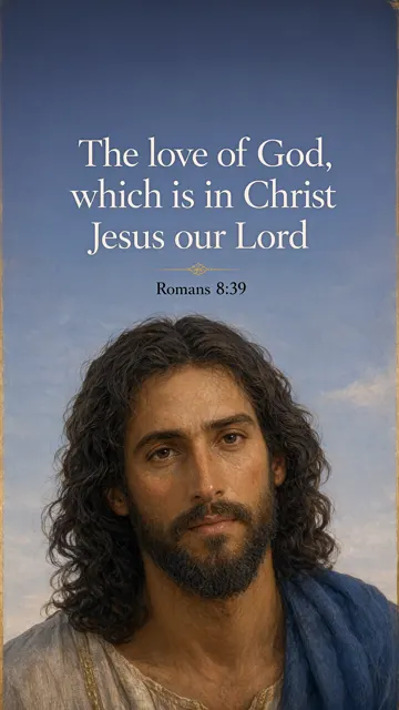 Gentle close portrait of Jesus with compassionate dark eyes, warm natural skin and a blue mantle; soft indigo background with subtle gold edge light. — Romans 8:39