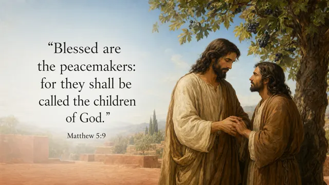 Jesus gently brings two villagers together in reconciliation beneath a fig tree; calm natural gestures, soft terracotta courtyard and blue sky, luminous oil painting. — Matthew 5:9