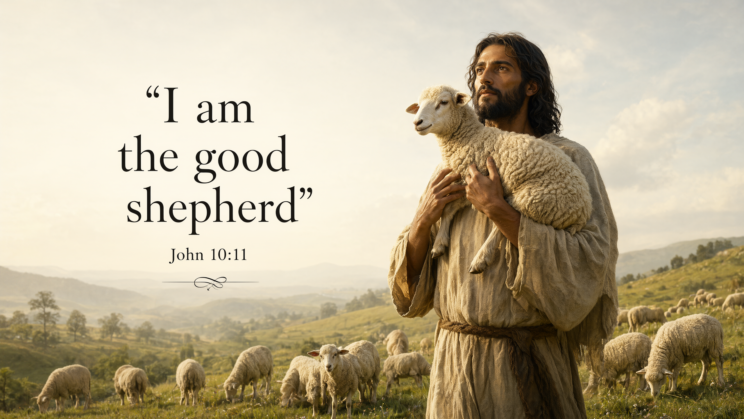 Jesus carries a small lamb securely across his shoulders, sheep scattered along a hillside below; cream wool, green grass and morning gold, pastoral realism.