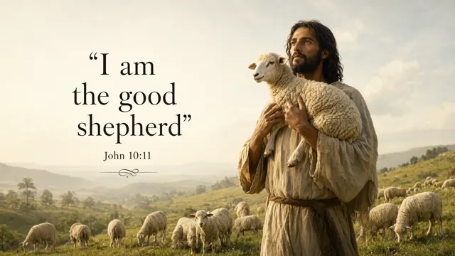 Jesus carries a small lamb securely across his shoulders, sheep scattered along a hillside below; cream wool, green grass and morning gold, pastoral realism. — John 10:11