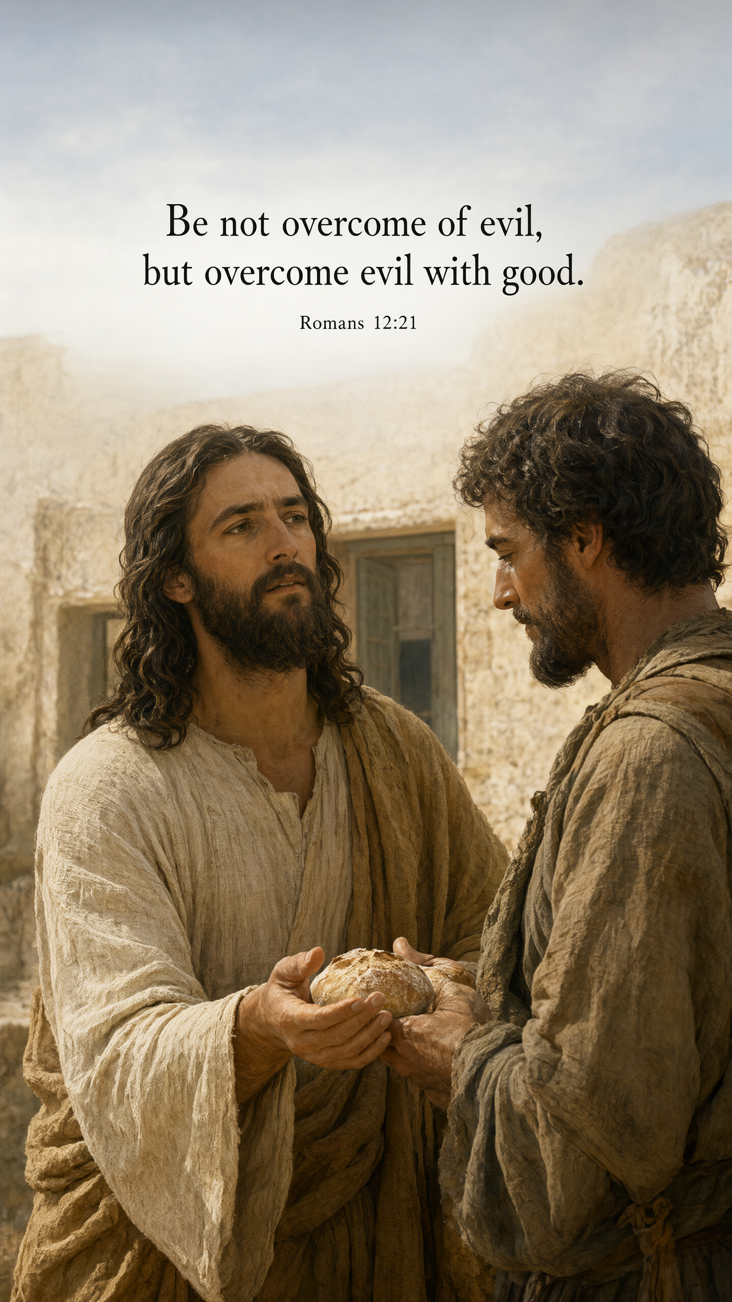 Jesus offers bread to a stern traveler whose expression softens; sunlit stone doorway, dignified restrained interaction and natural hands, warm historical painting.