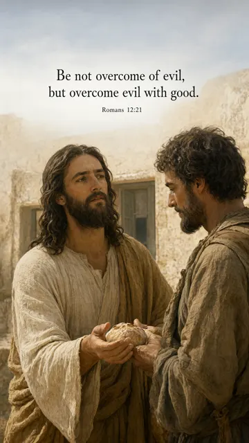 Jesus offers bread to a stern traveler whose expression softens; sunlit stone doorway, dignified restrained interaction and natural hands, warm historical painting. — Romans 12:21