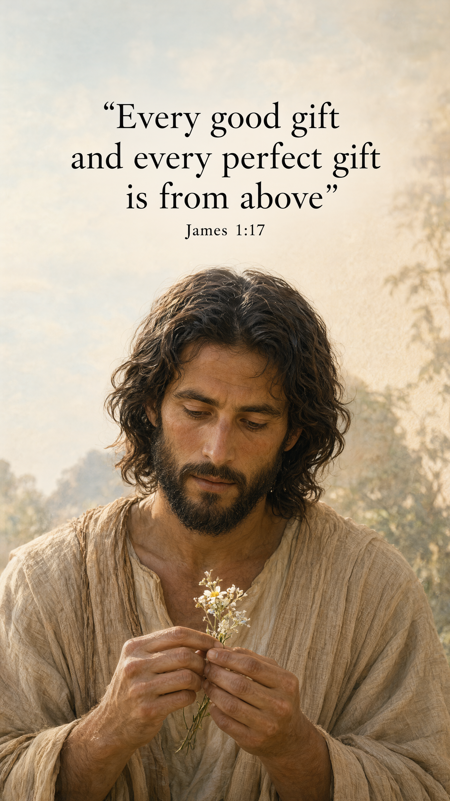 Jesus receives a child's small wildflower bunch beneath soft morning light; natural tender faces and hands, pastel apricot and sage storybook watercolor.