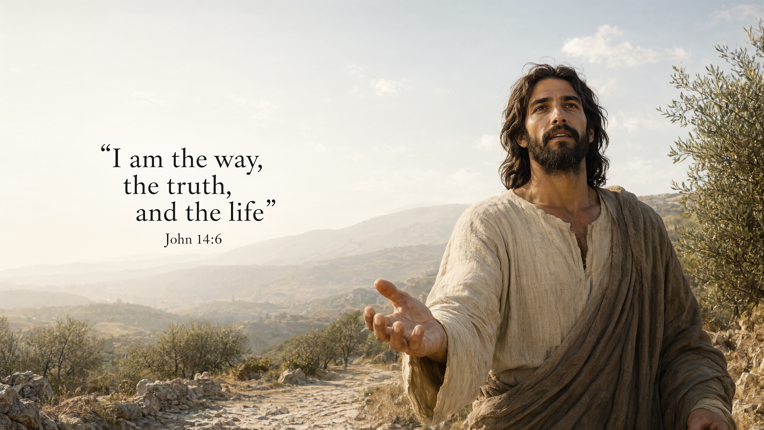 Jesus invites the viewer along a winding limestone path toward distant sunlit hills; broad pale sky, sage olive groves, cinematic historical landscape.