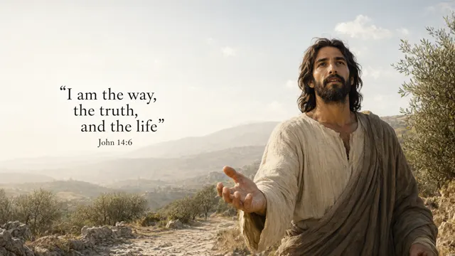 Jesus invites the viewer along a winding limestone path toward distant sunlit hills; broad pale sky, sage olive groves, cinematic historical landscape. — John 14:6