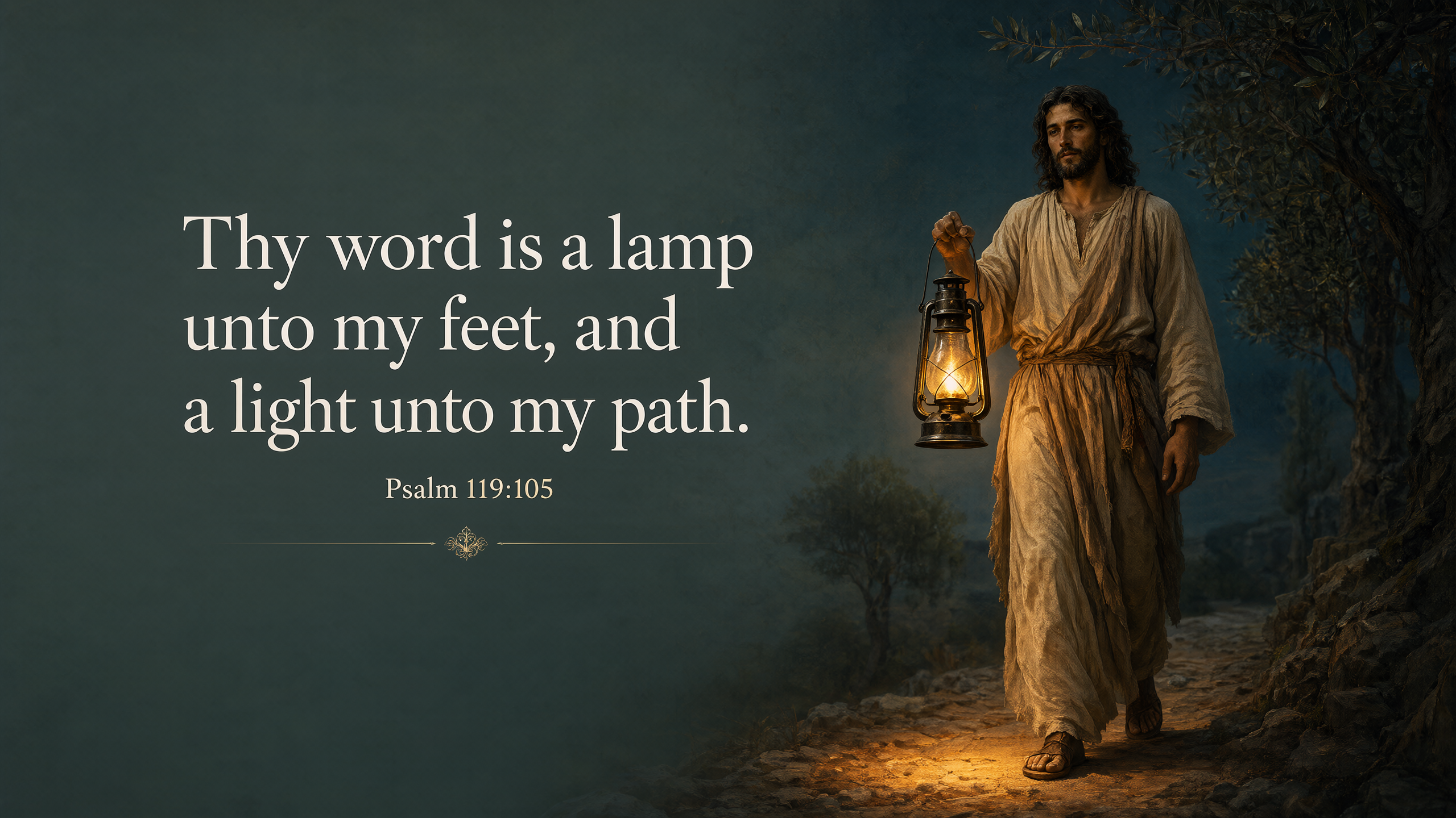 Jesus carries an oil lantern along a dark olive-lined path; amber light pools naturally at his feet, midnight teal and worn stone textures.