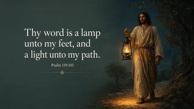 Jesus carries an oil lantern along a dark olive-lined path; amber light pools naturally at his feet, midnight teal and worn stone textures. — Psalm 119:105
