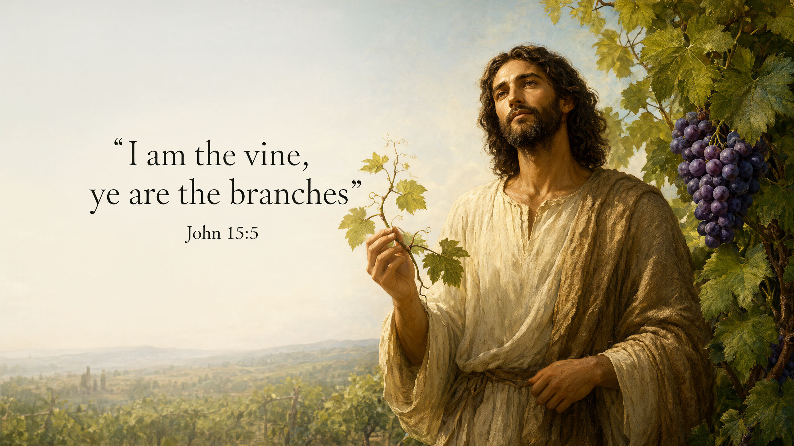 Jesus holds a living grapevine branch in a sunlit vineyard; ripe purple grapes and emerald leaves frame the right side, detailed botanical oil painting.