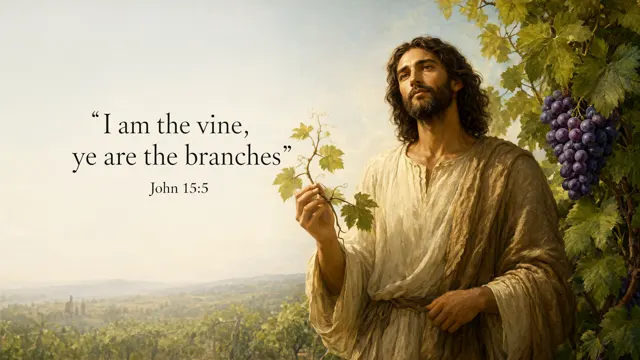 Jesus holds a living grapevine branch in a sunlit vineyard; ripe purple grapes and emerald leaves frame the right side, detailed botanical oil painting. — John 15:5