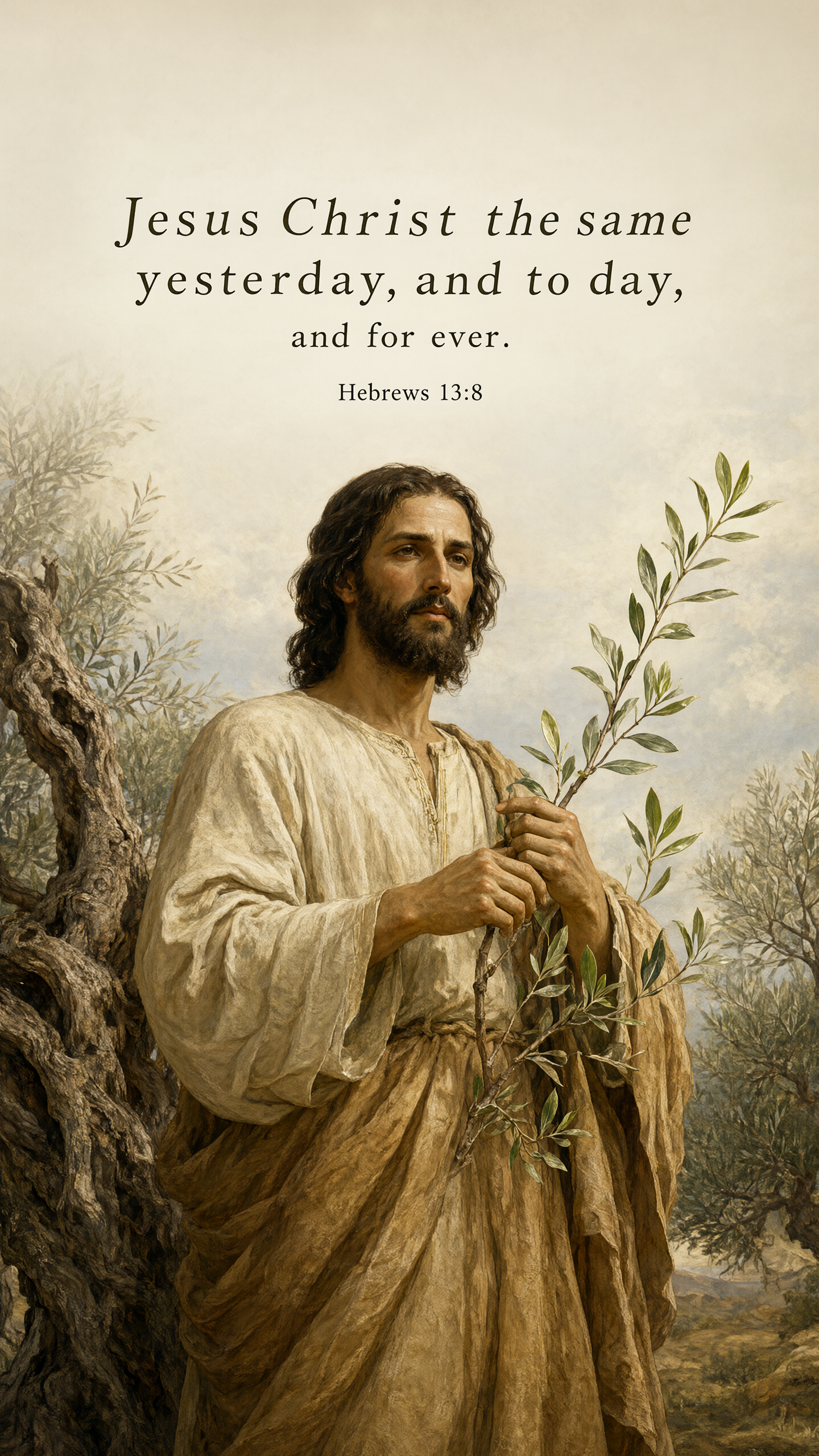 Jesus calmly standing beside weathered ancient olive roots and fresh new leaves, timeless warm expression; ivory and emerald classical oil portrait.