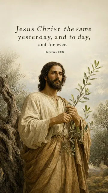 Jesus calmly standing beside weathered ancient olive roots and fresh new leaves, timeless warm expression; ivory and emerald classical oil portrait. — Hebrews 13:8