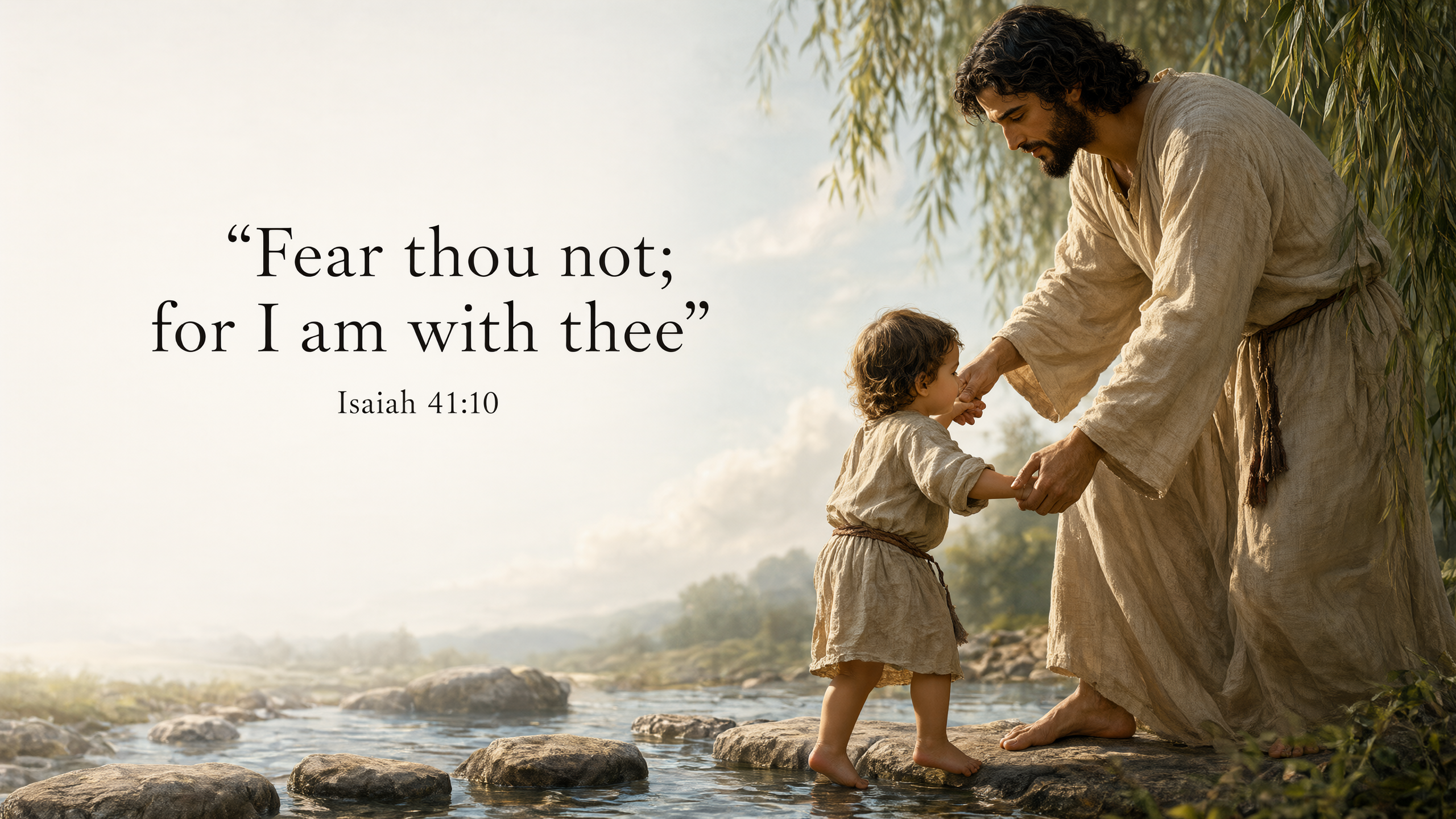 Jesus steadies a small child crossing smooth stepping stones over a shallow stream; tender natural hands, willow shade and warm light, refined realistic illustration.