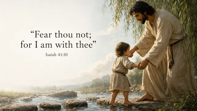 Jesus steadies a small child crossing smooth stepping stones over a shallow stream; tender natural hands, willow shade and warm light, refined realistic illustration. — Isaiah 41:10