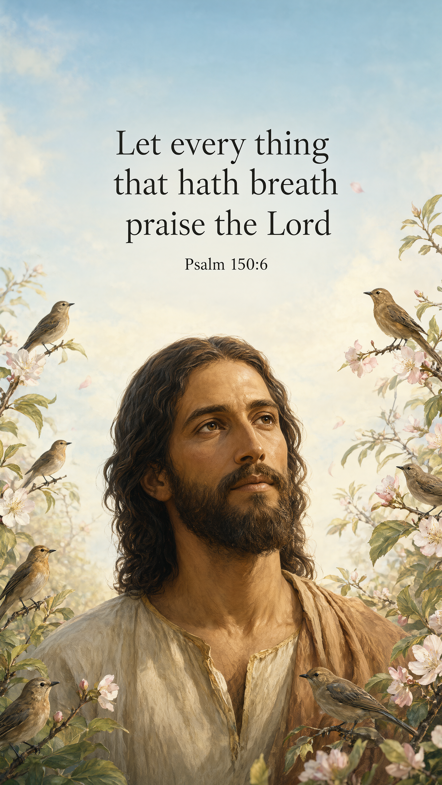 Jesus among songbirds and spring blossoms, looking peacefully into morning light; delicately detailed botanical portrait, sky blue, warm cream and emerald.