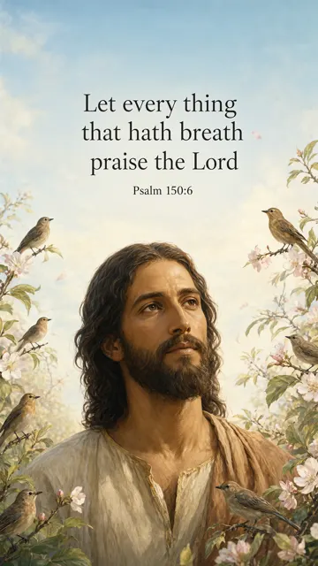 Jesus among songbirds and spring blossoms, looking peacefully into morning light; delicately detailed botanical portrait, sky blue, warm cream and emerald. — Psalm 150:6