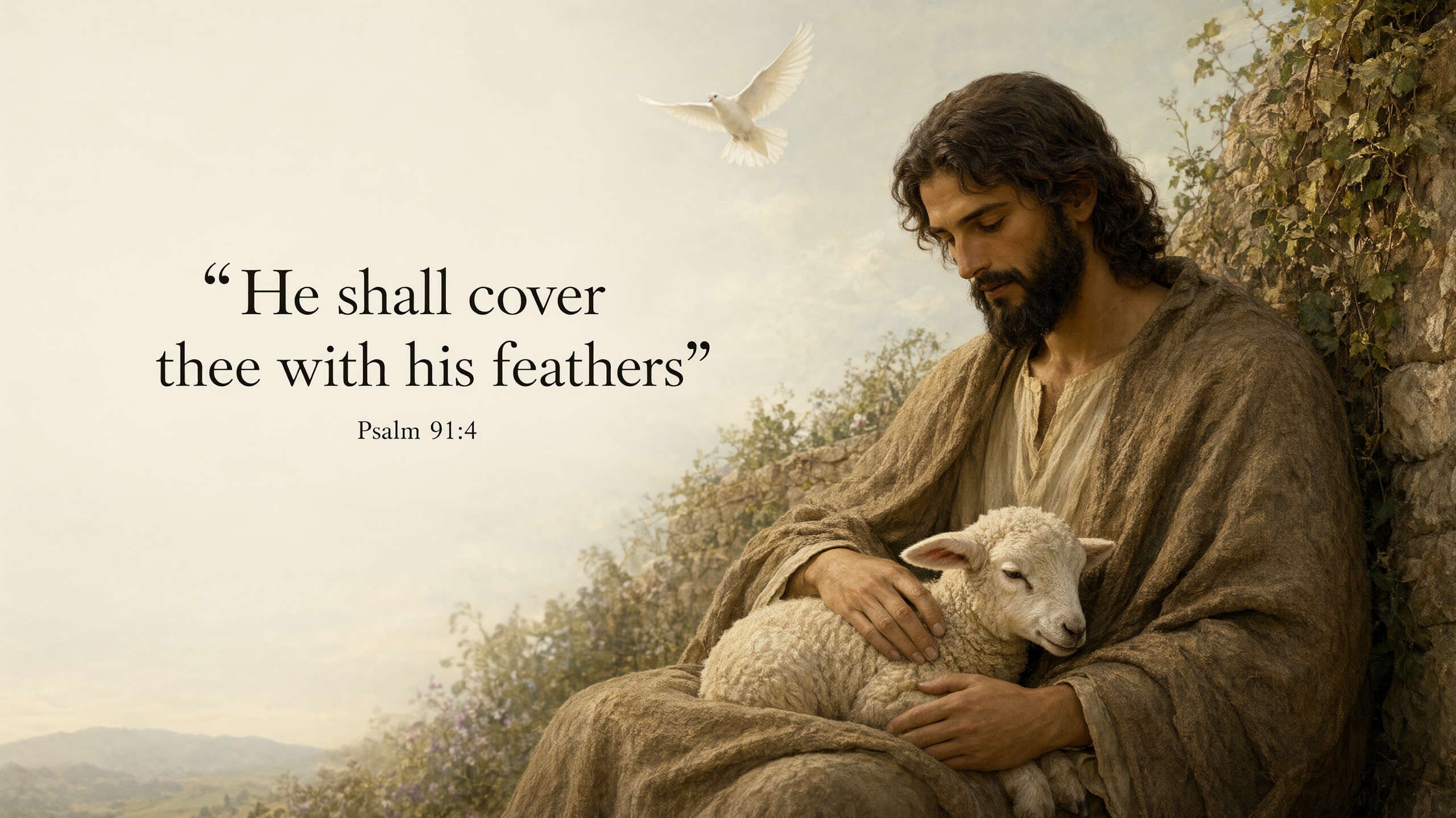Jesus shelters a small lamb in the folds of a warm mantle beside a garden wall; dove high in soft distance, cream and sage oil painting.