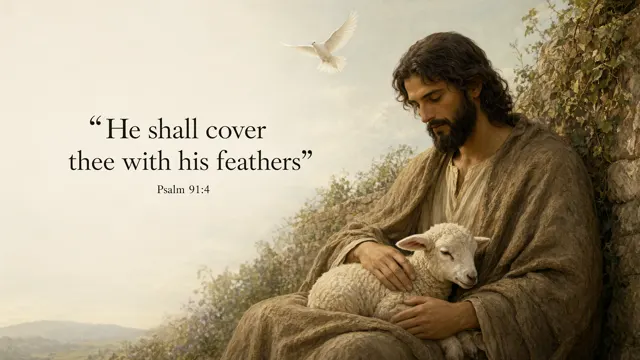 Jesus shelters a small lamb in the folds of a warm mantle beside a garden wall; dove high in soft distance, cream and sage oil painting. — Psalm 91:4