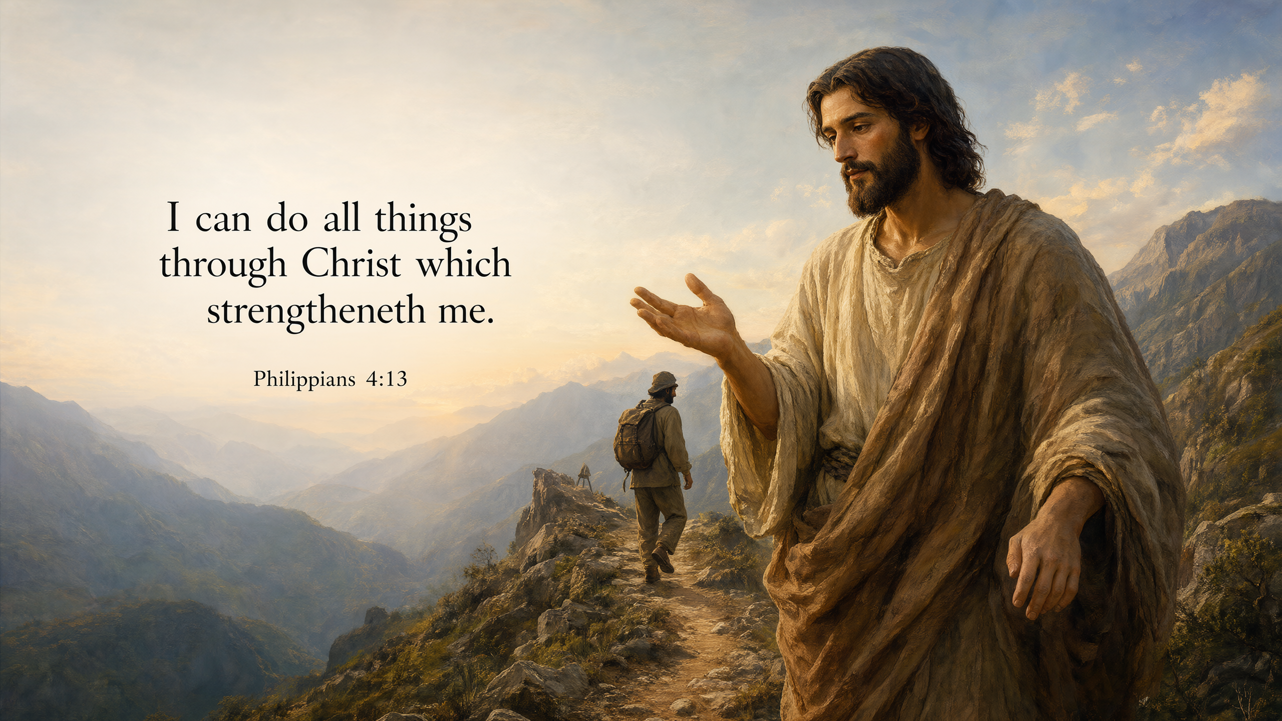 Jesus guides a traveler up a rugged mountain path toward sunrise; steady supportive gesture, dramatic layered peaks, inspiring realistic oil painting.