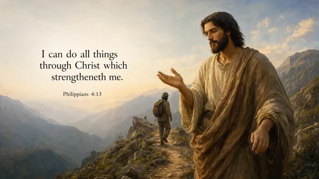 Jesus guides a traveler up a rugged mountain path toward sunrise; steady supportive gesture, dramatic layered peaks, inspiring realistic oil painting. — Philippians 4:13