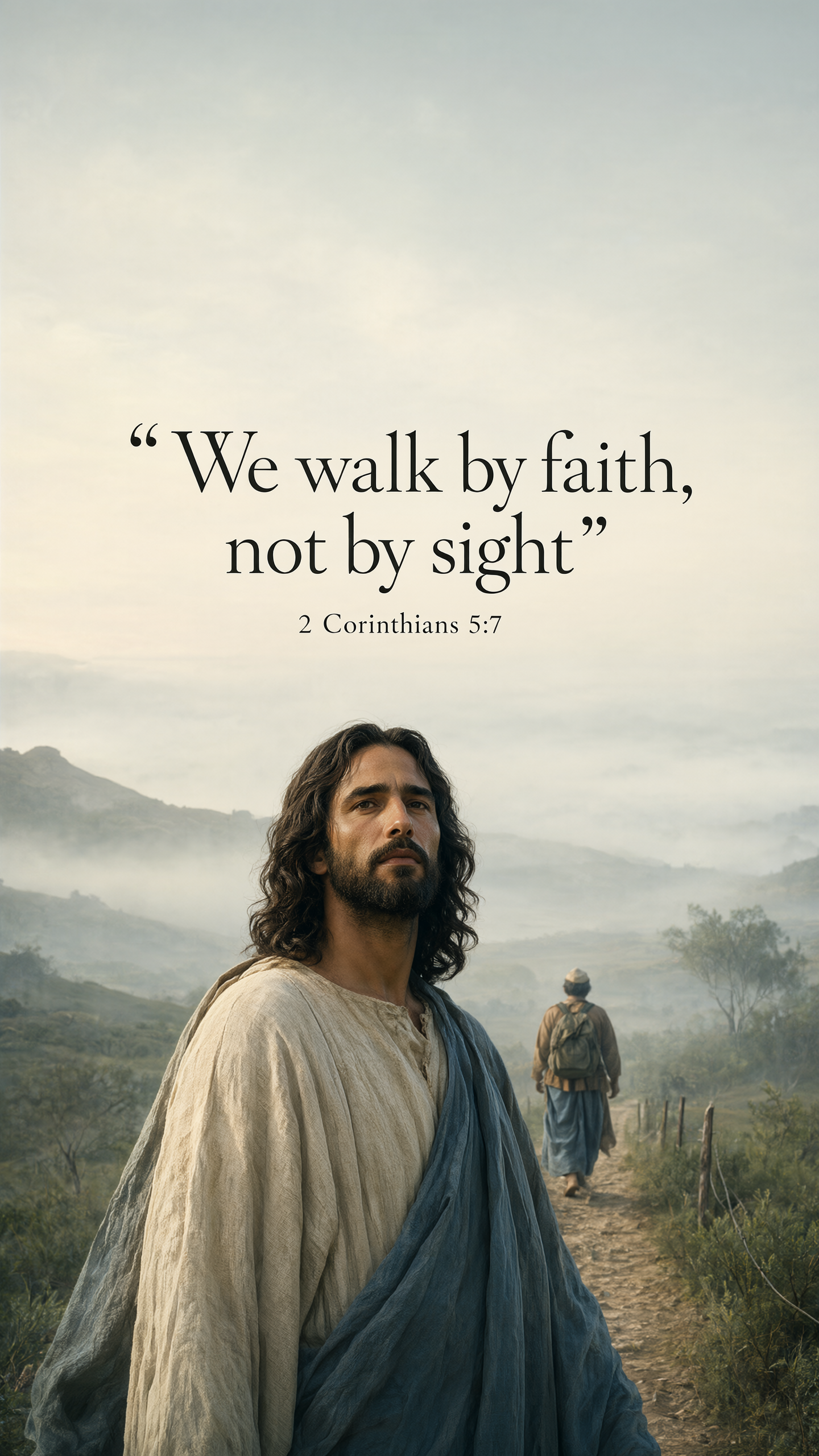 Jesus leads a traveler along a path disappearing softly into morning mist; flowing ivory robe and muted blue mantle, cinematic silver-green landscape.
