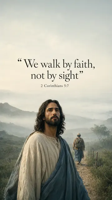 Jesus leads a traveler along a path disappearing softly into morning mist; flowing ivory robe and muted blue mantle, cinematic silver-green landscape. — 2 Corinthians 5:7
