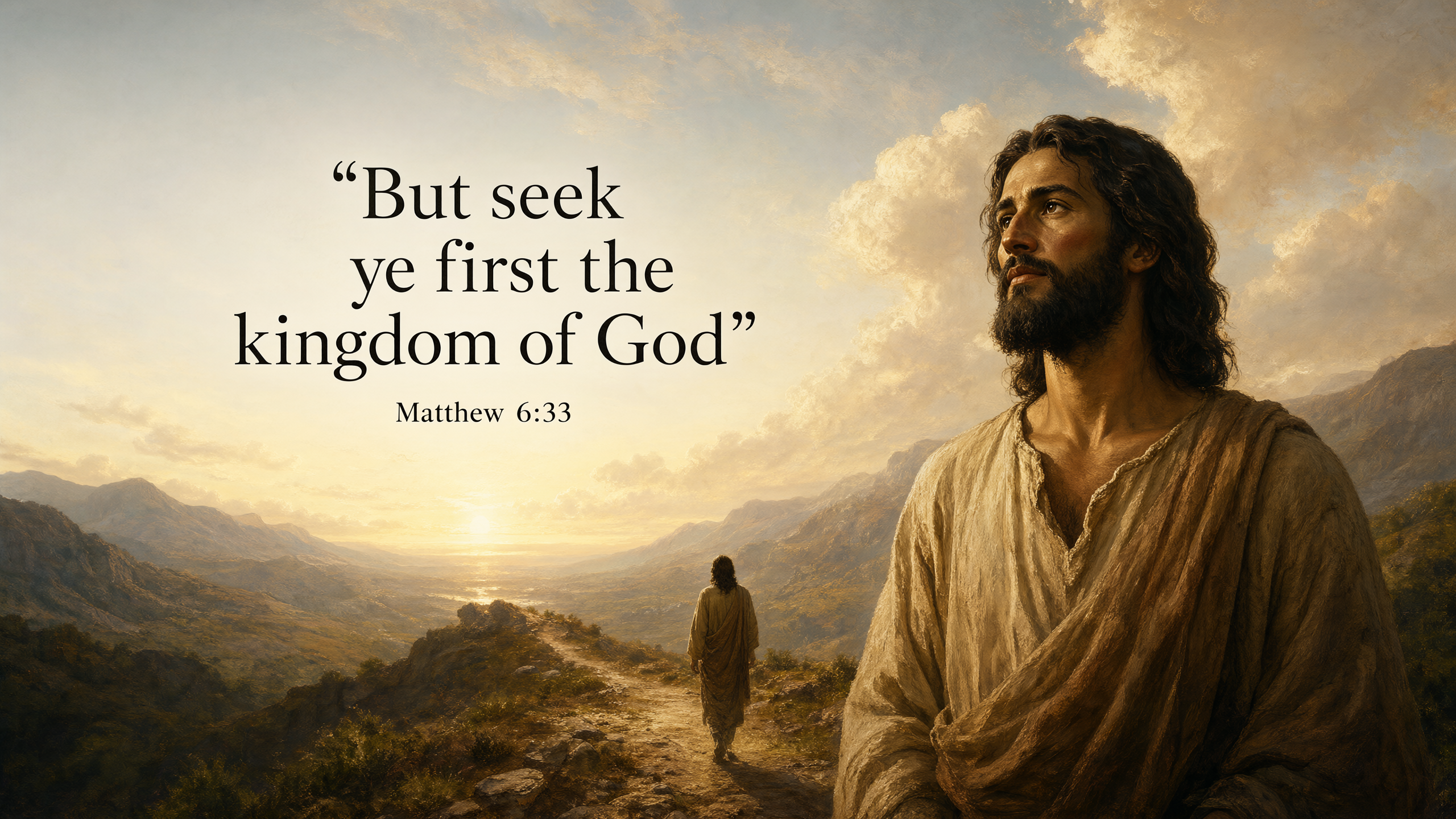 Jesus follows a rising mountain path toward a luminous horizon; earthy foreground and layered gold clouds, restrained epic landscape oil painting.