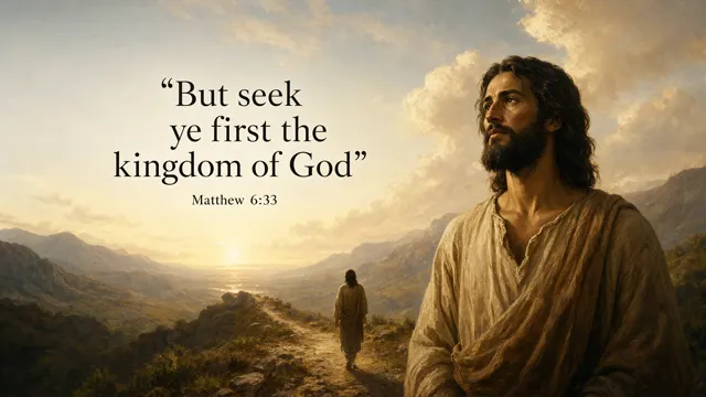 Jesus follows a rising mountain path toward a luminous horizon; earthy foreground and layered gold clouds, restrained epic landscape oil painting. — Matthew 6:33