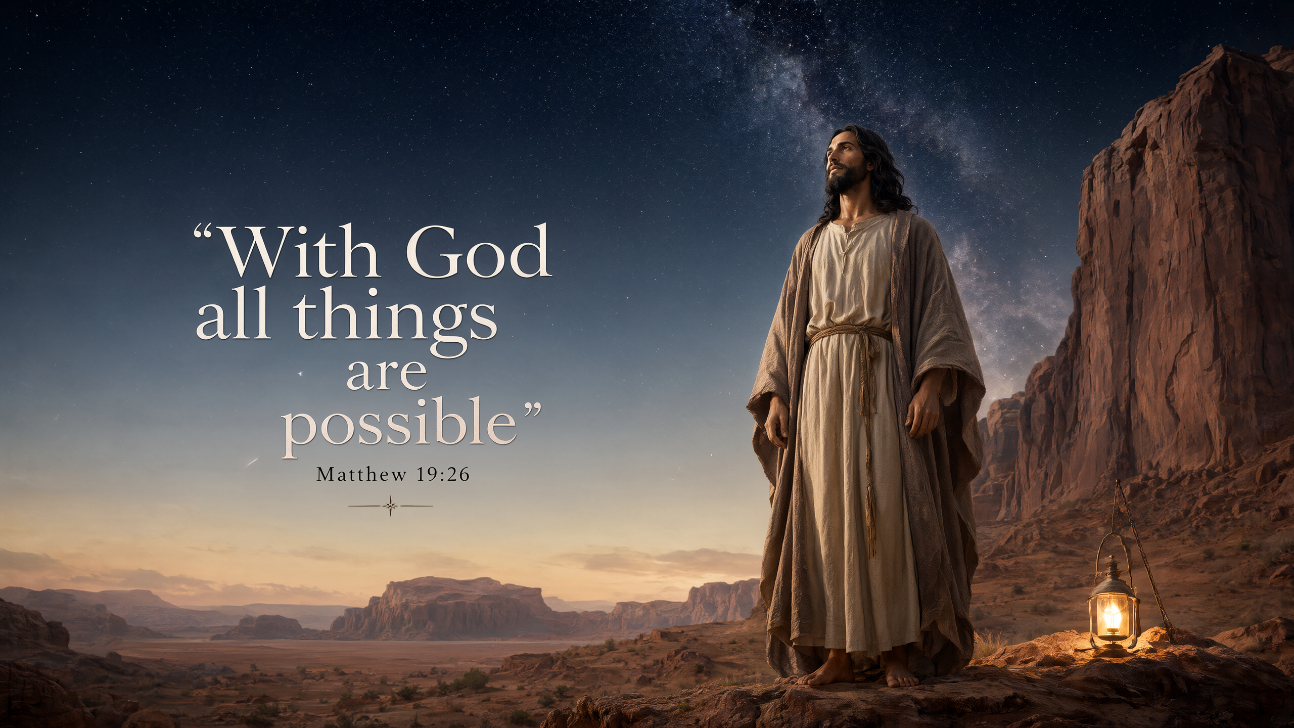 Jesus stands beneath a vast star-filled desert sky, tiny illuminated figure beside immense cliffs; cinematic celestial landscape, silver, midnight blue and terracotta.