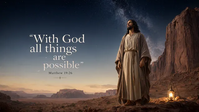 Jesus stands beneath a vast star-filled desert sky, tiny illuminated figure beside immense cliffs; cinematic celestial landscape, silver, midnight blue and terracotta. — Matthew 19:26