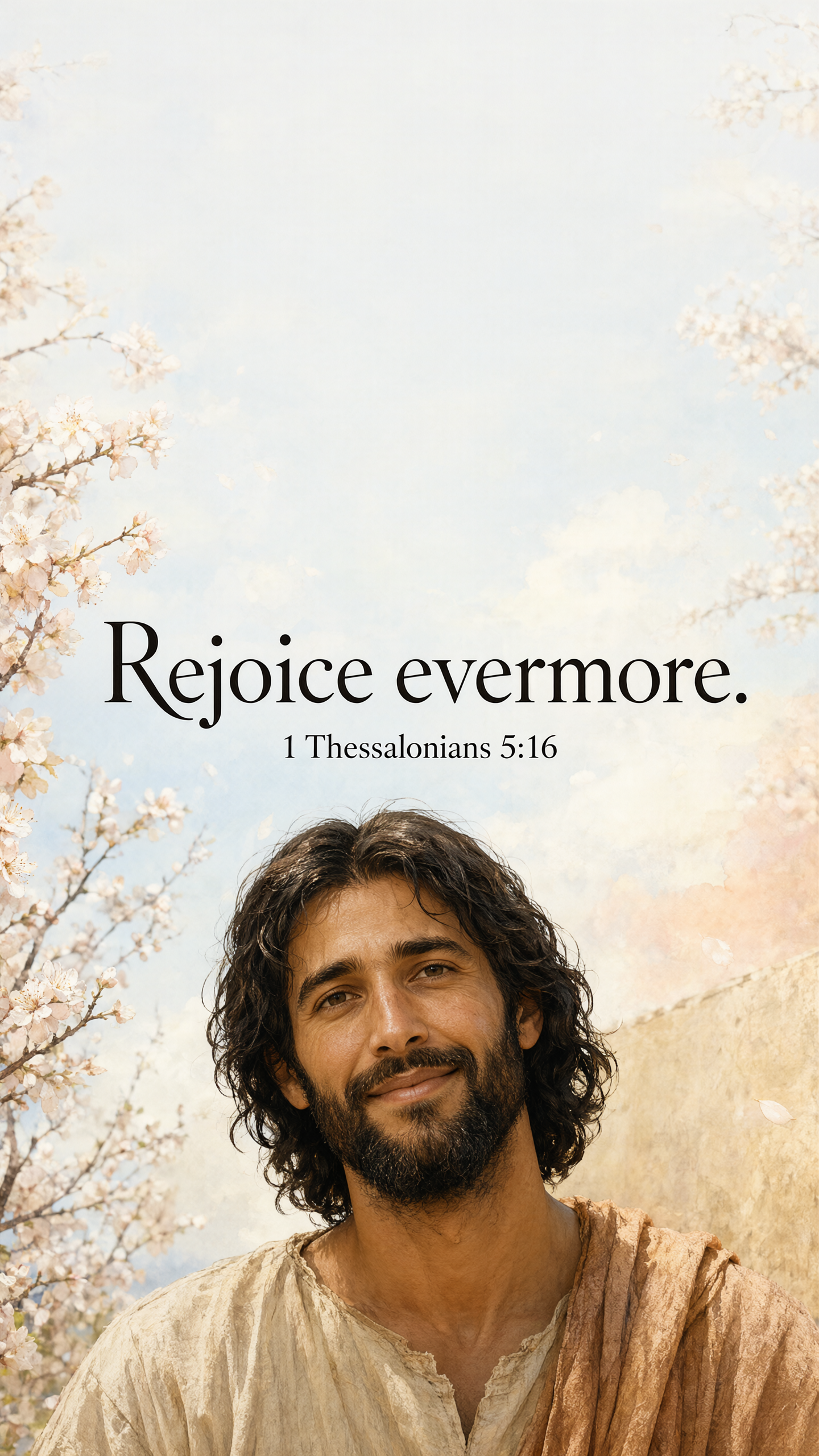 Jesus in a candid gentle smile beneath almond blossoms, warm morning light on natural Levantine features; intimate peach and pale-blue watercolor portrait.