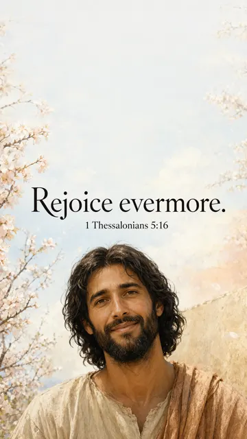 Jesus in a candid gentle smile beneath almond blossoms, warm morning light on natural Levantine features; intimate peach and pale-blue watercolor portrait. — 1 Thessalonians 5:16