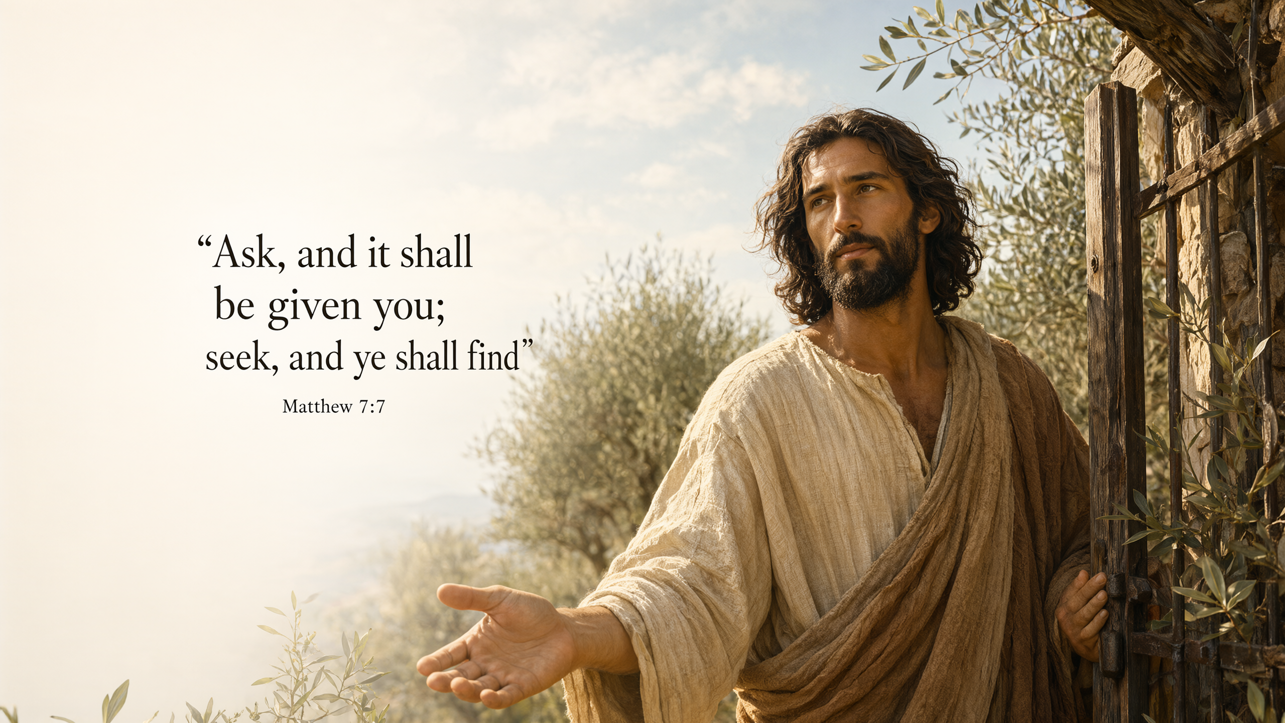 Jesus beside a rustic open gate, inviting a traveler into a sunlit olive garden; welcoming posture, warm wood, sage foliage and luminous cream.