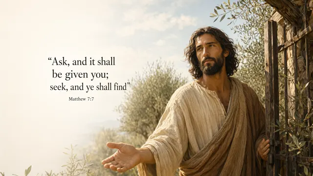 Jesus beside a rustic open gate, inviting a traveler into a sunlit olive garden; welcoming posture, warm wood, sage foliage and luminous cream. — Matthew 7:7