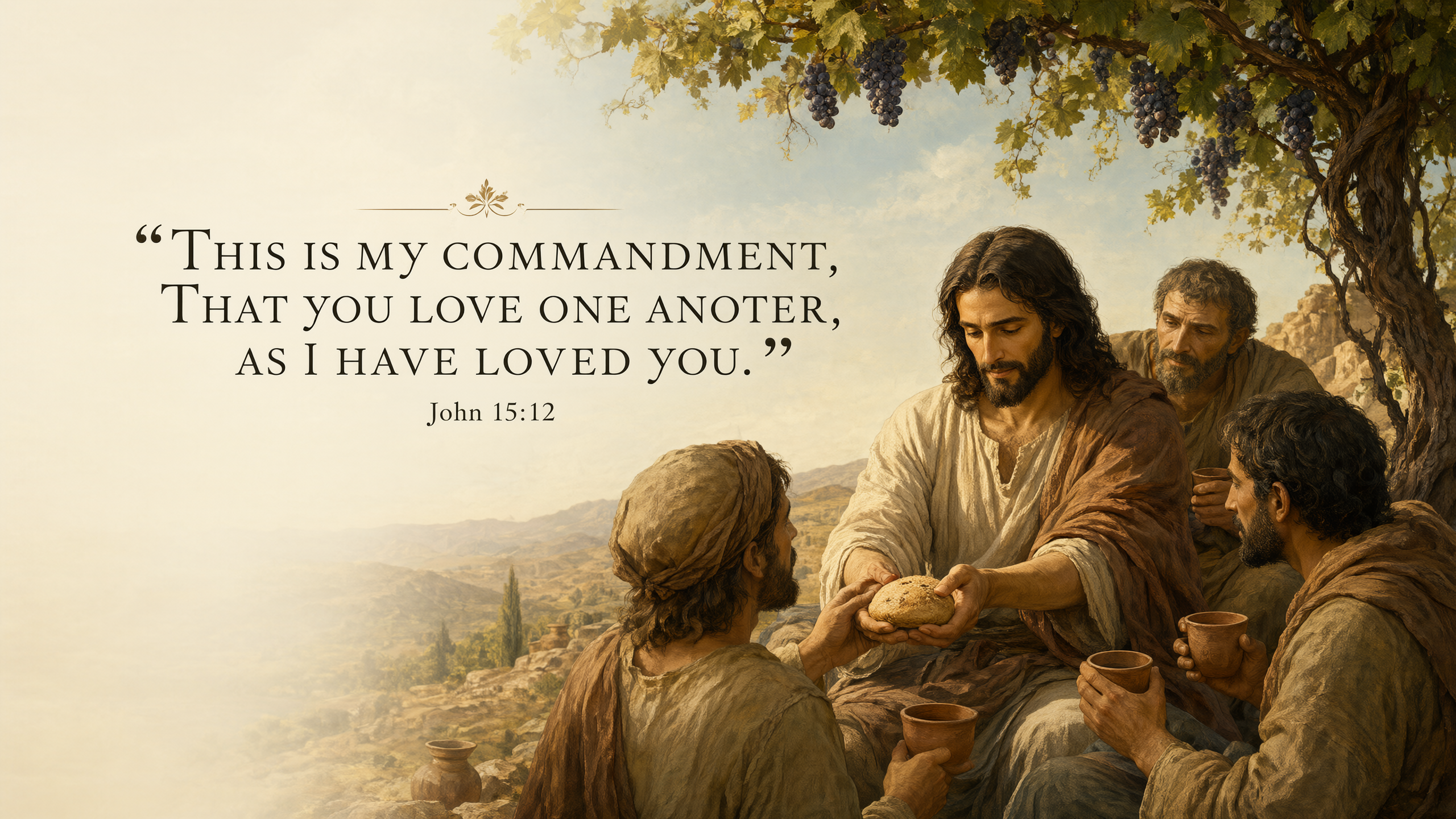 Jesus shares bread between two families seated under grapevines; individual natural faces, simple clay cups, warm gold and emerald historical illustration.