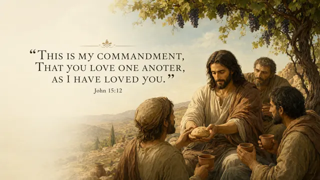 Jesus shares bread between two families seated under grapevines; individual natural faces, simple clay cups, warm gold and emerald historical illustration. — John 15:12