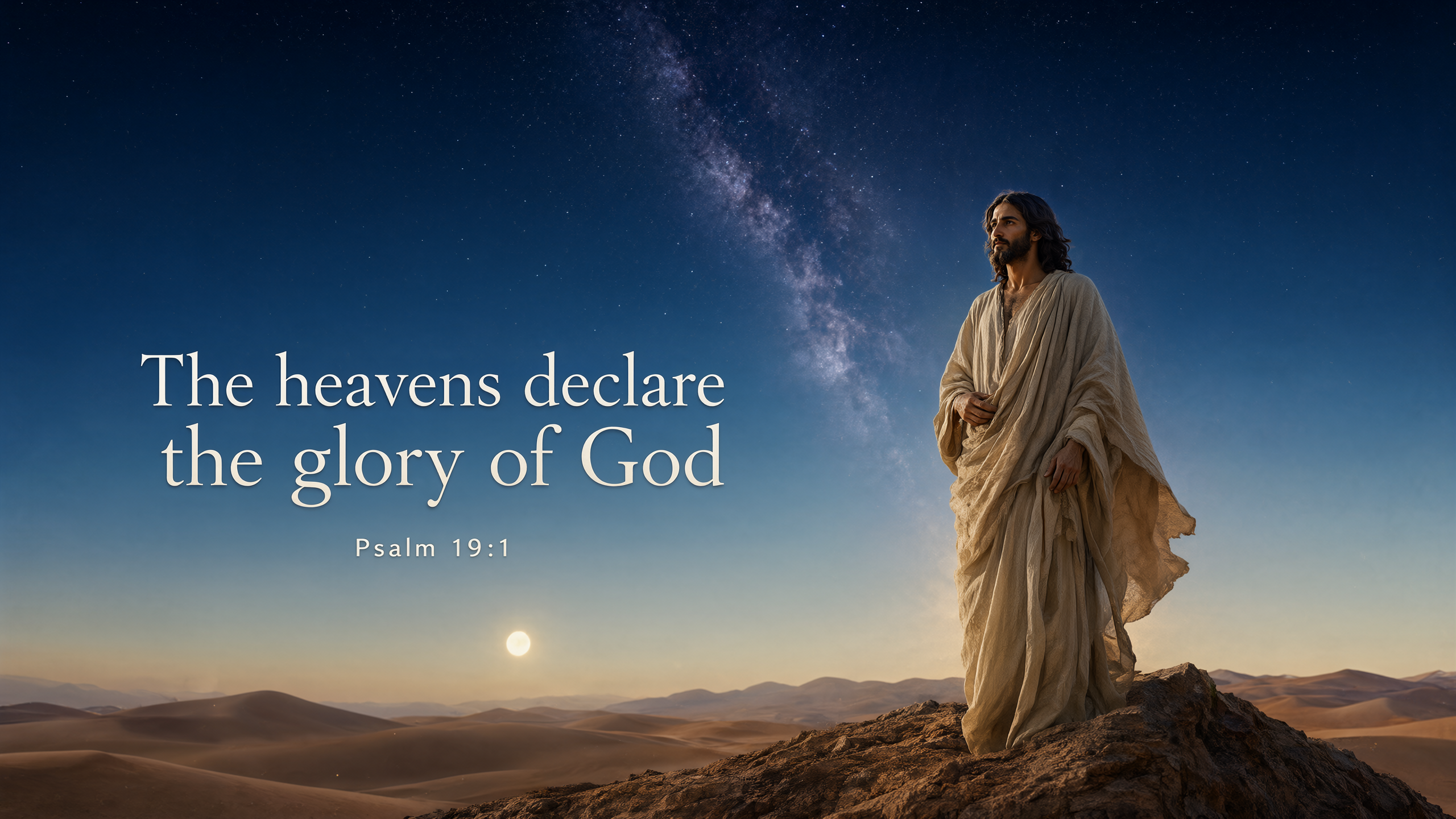 Jesus small on a desert ridge beneath the Milky Way; broad ink-blue heavens and softly moonlit dunes, detailed stars and cinematic wonder.