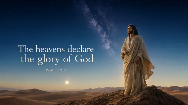 Jesus small on a desert ridge beneath the Milky Way; broad ink-blue heavens and softly moonlit dunes, detailed stars and cinematic wonder. — Psalm 19:1