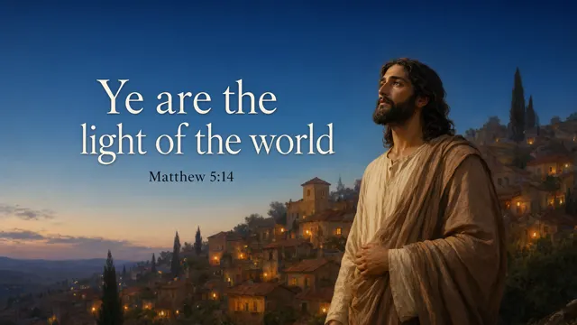 Jesus beside a modest hilltop village glowing with warm lamps at dusk; wide cobalt sky and terracotta roofs, elegant historical nocturne. — Matthew 5:14