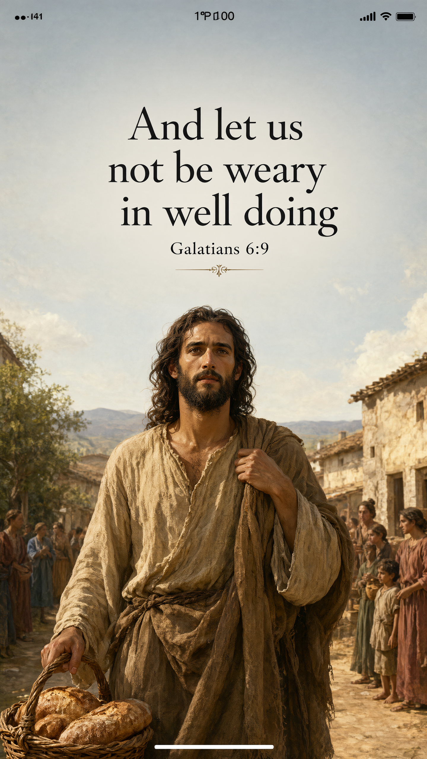Jesus carrying a bread basket down a village lane toward distant waiting families; purposeful relaxed posture, warm dusty sunlight, historical oil painting.