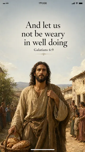 Jesus carrying a bread basket down a village lane toward distant waiting families; purposeful relaxed posture, warm dusty sunlight, historical oil painting. — Galatians 6:9