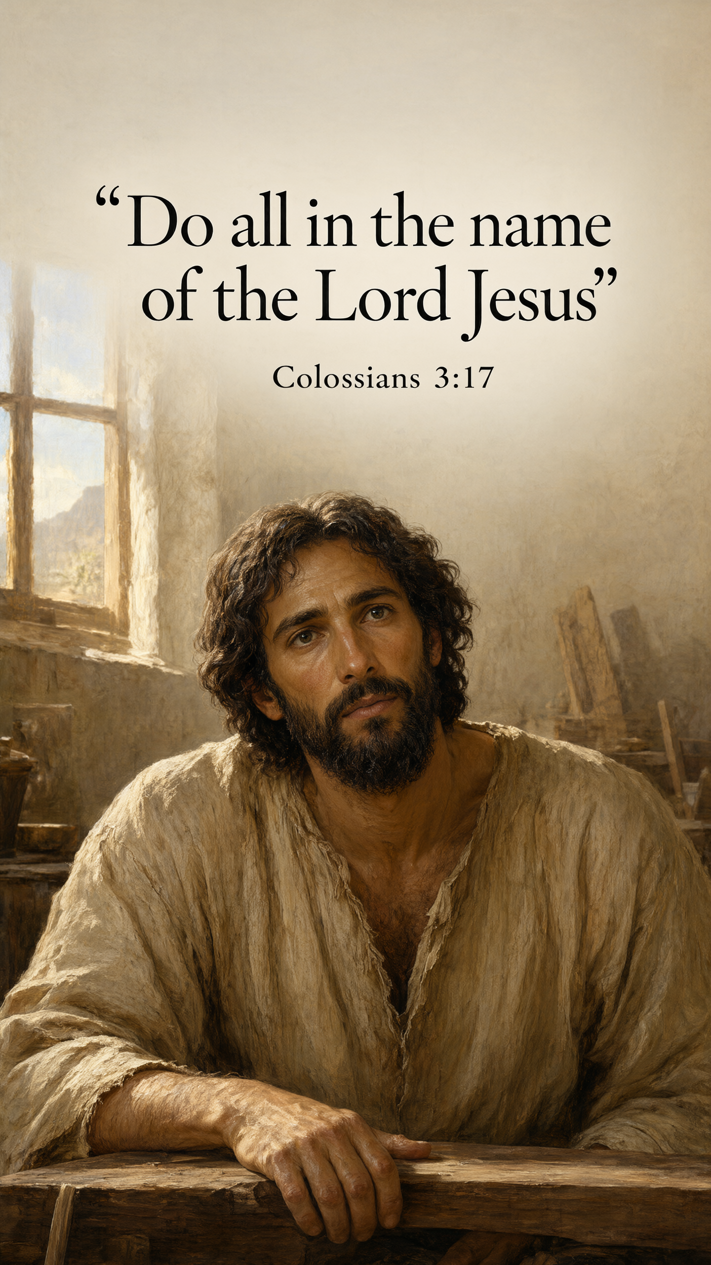 Jesus at work in a humble Nazareth workshop, one hand on a timber bench; warm side-window light, walnut and ivory, one continuous indoor oil painting.